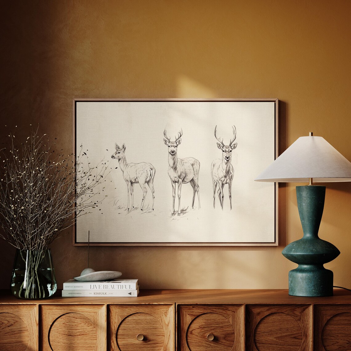 Minimalist Ink Sketch of Three Deer on Warm Linen Art Poster - Image 4