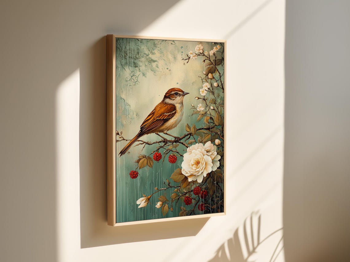 Songbird On Flowering Branch With White Rose Vintage Art Poster