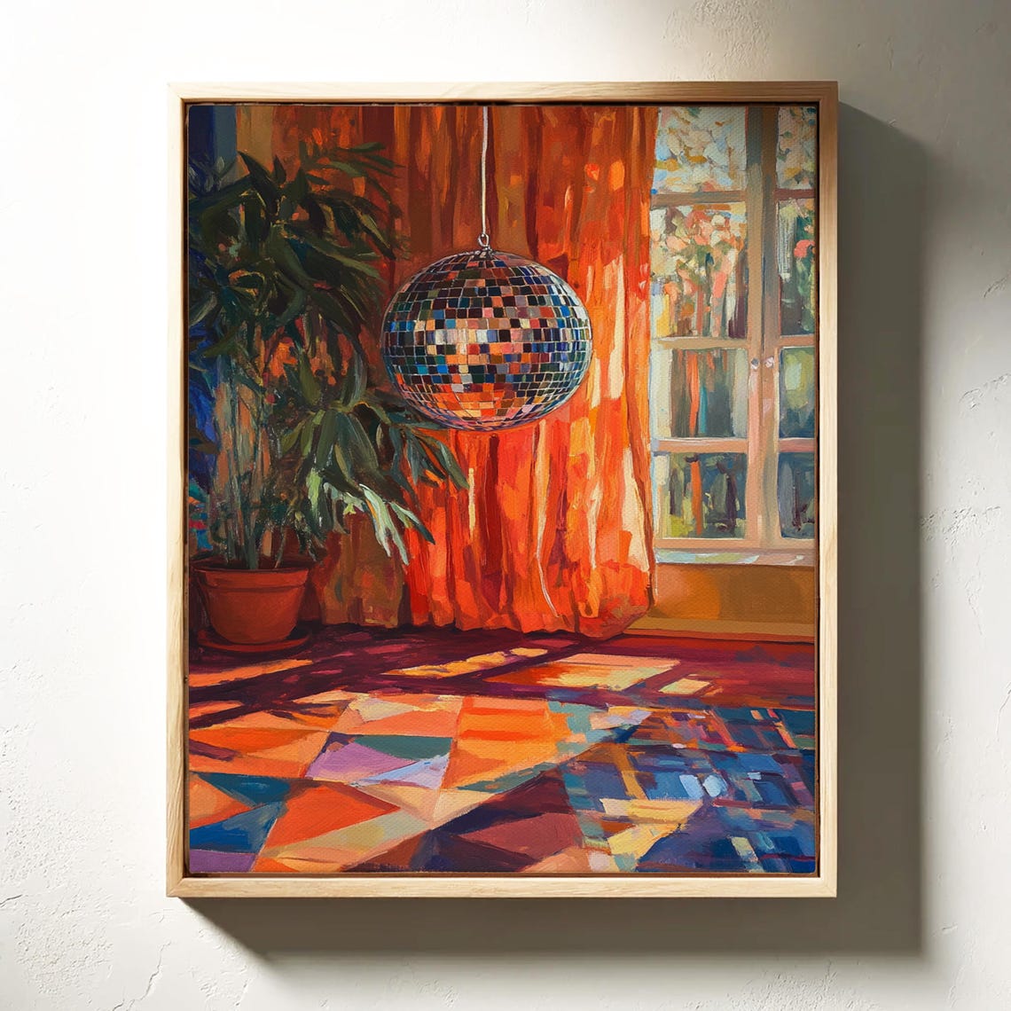 Shimmering Disco Ball in a Colorful Room With Orange Curtains Poster - Image 6