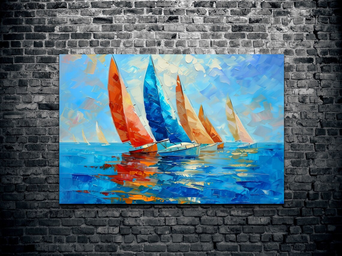 Colorful Sailboats Impasto Palette Knife Ocean Regatta Poster - Image 2