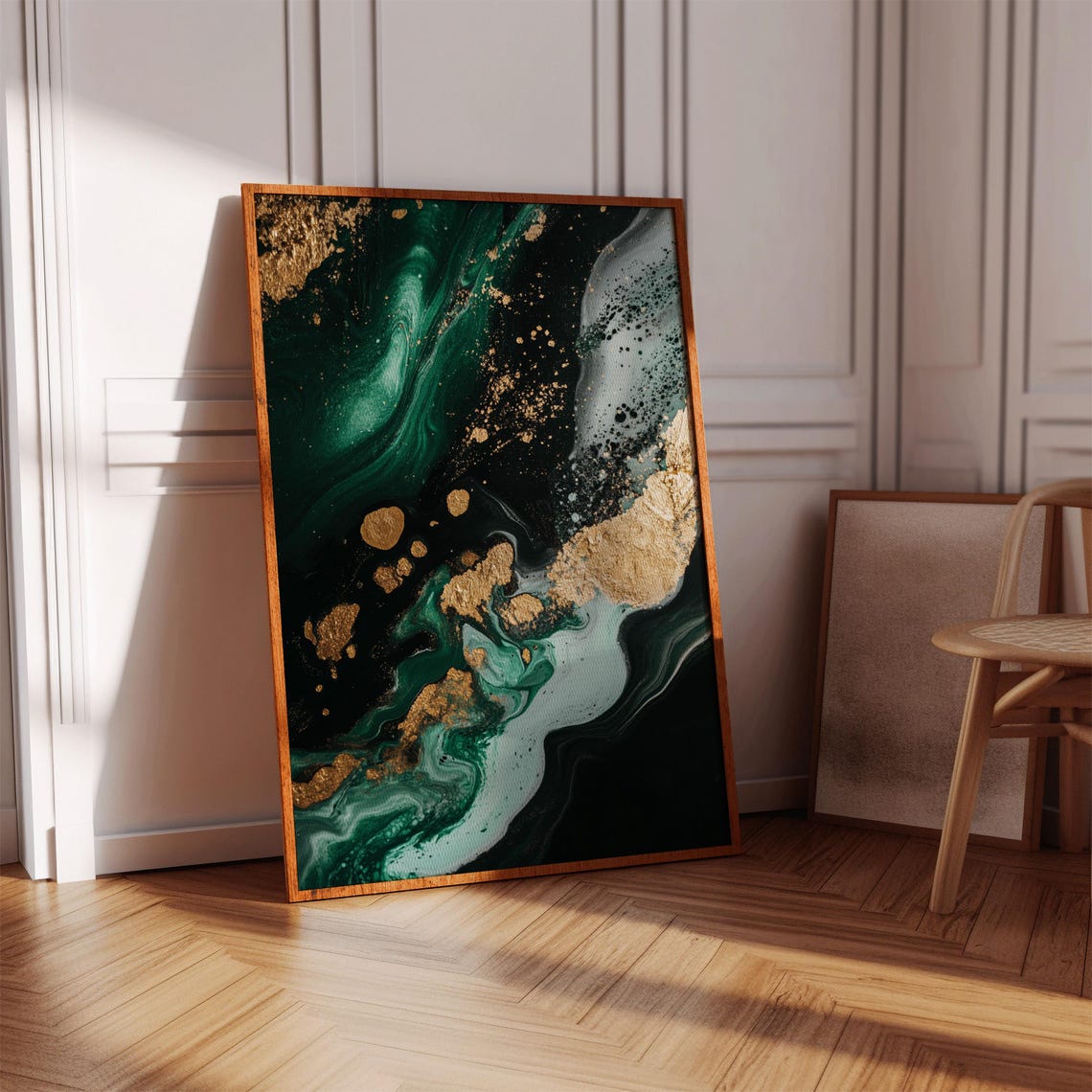 Emerald and Gold Marble Abstract Print with Metallic Gold Leaf
