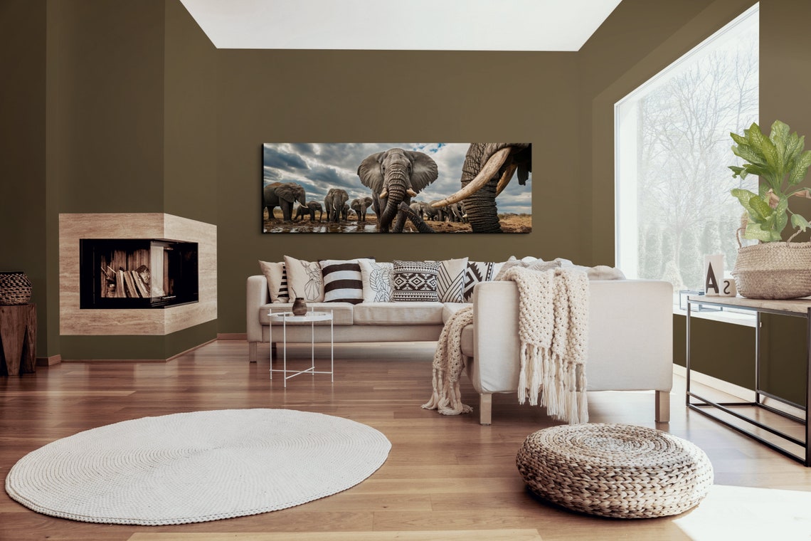 Panoramic African Elephant Herd Watering Hole Wildlife Wall Art - Image 5