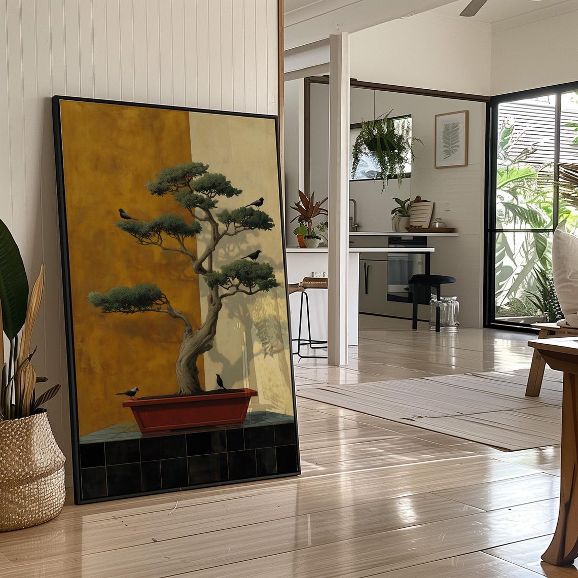 Japanese Bonsai Pine Birds Golden Background Elegant Art Poster