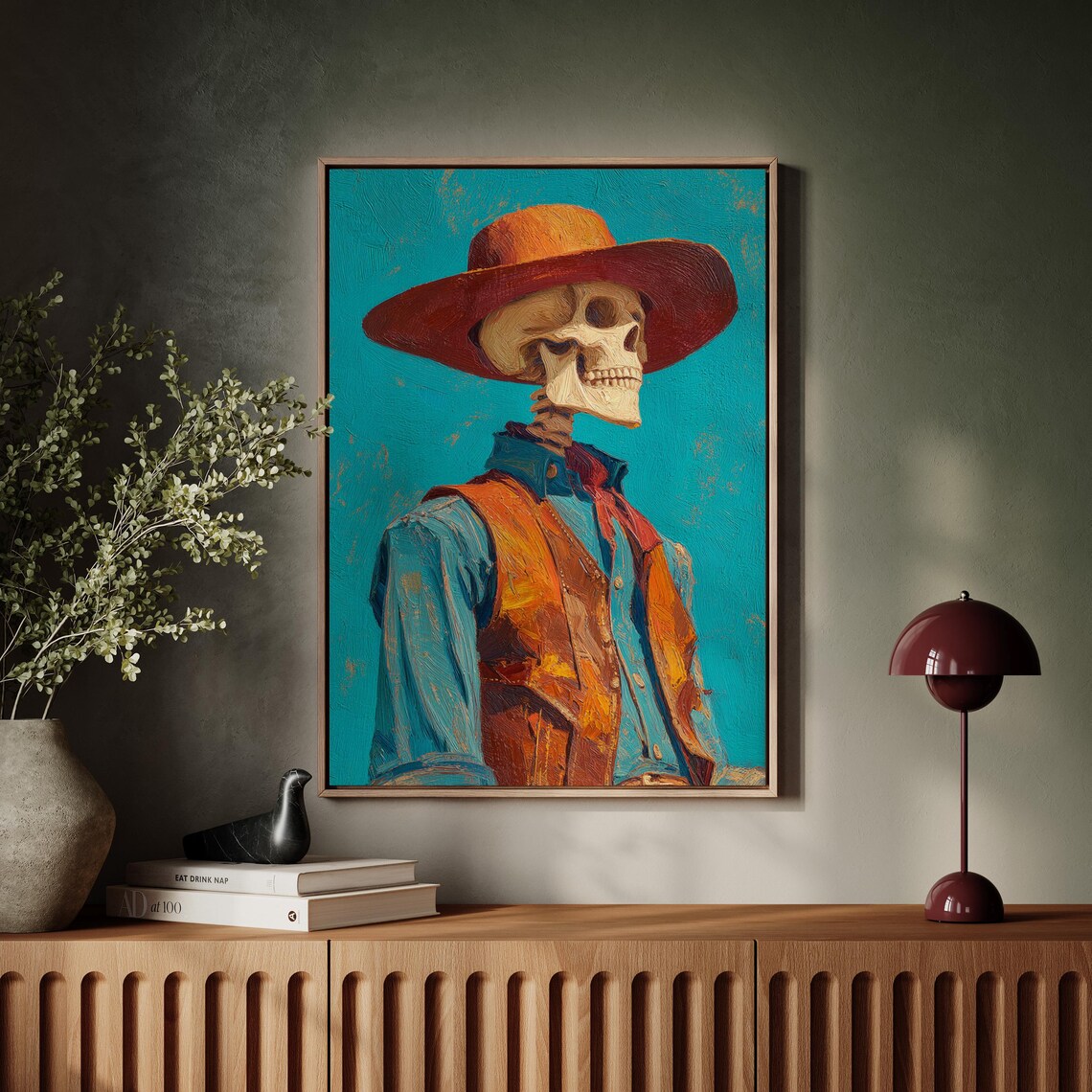 Skeleton Cowboy Portrait Rustic Western Skull Halloween Oil Style Wall Art