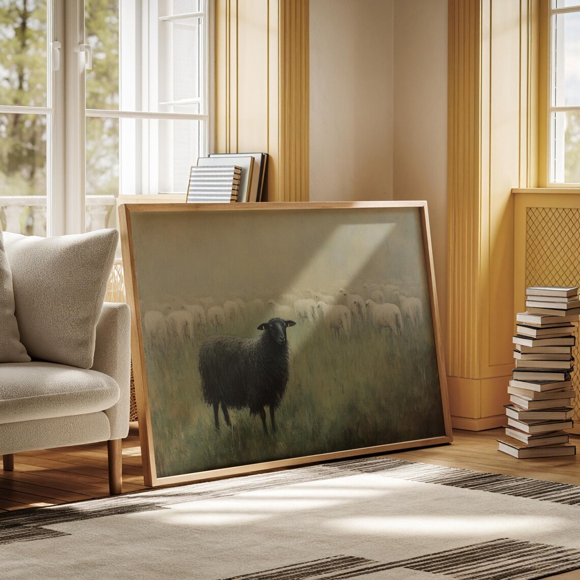 Black Sheep In Foggy Field, Modern Farmhouse Art Print - Image 7