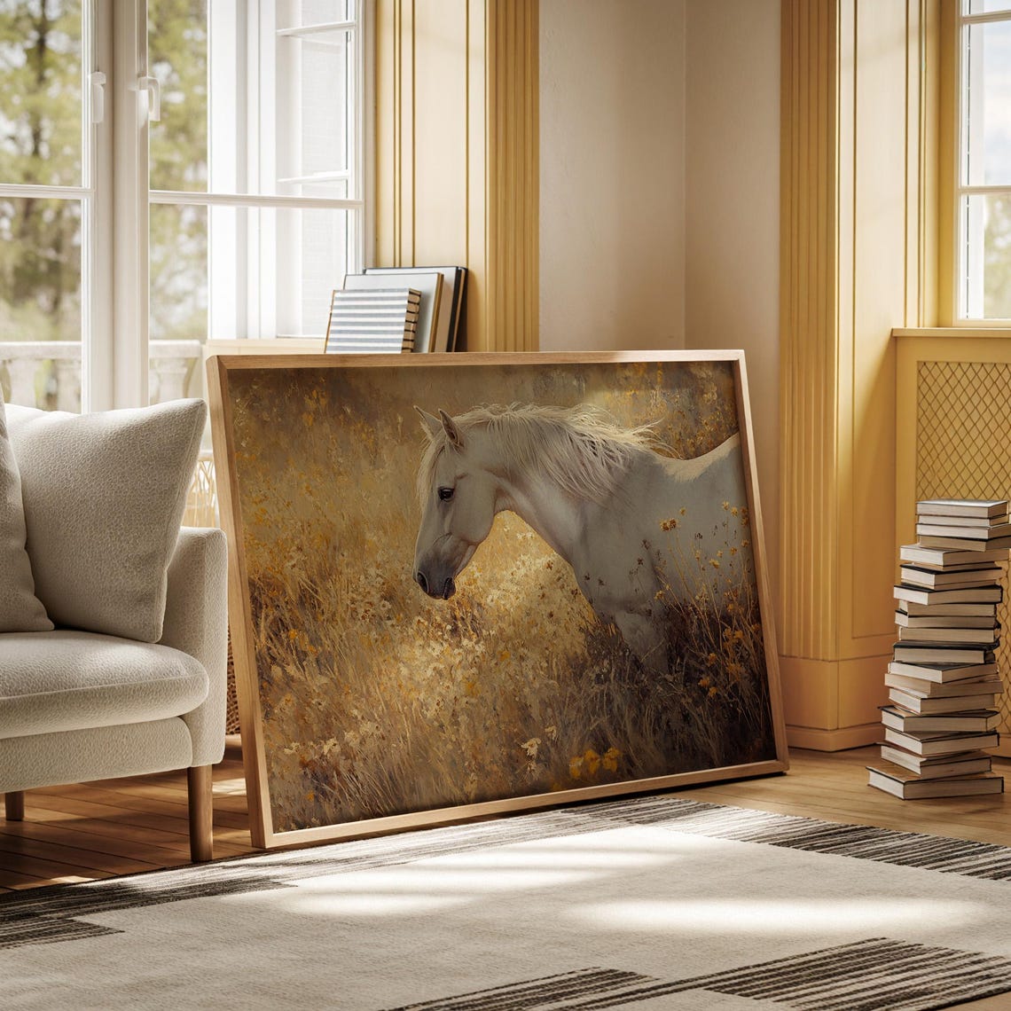 White Horse Golden Wildflower Meadow Equestrian Rustic Art Poster - Image 6