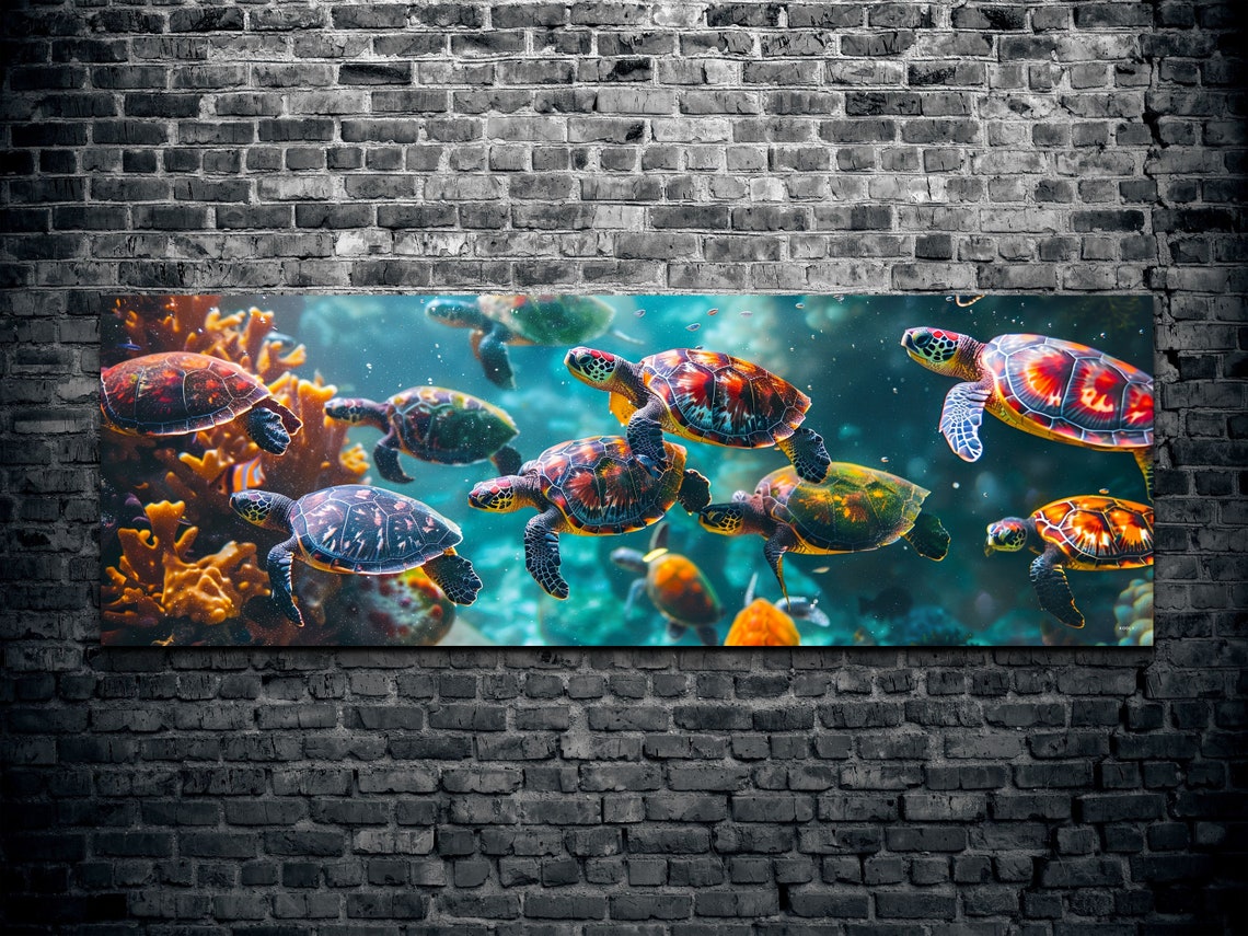 Sea Turtles Swimming Coral Reef Panoramic Underwater Scene Poster - Image 2