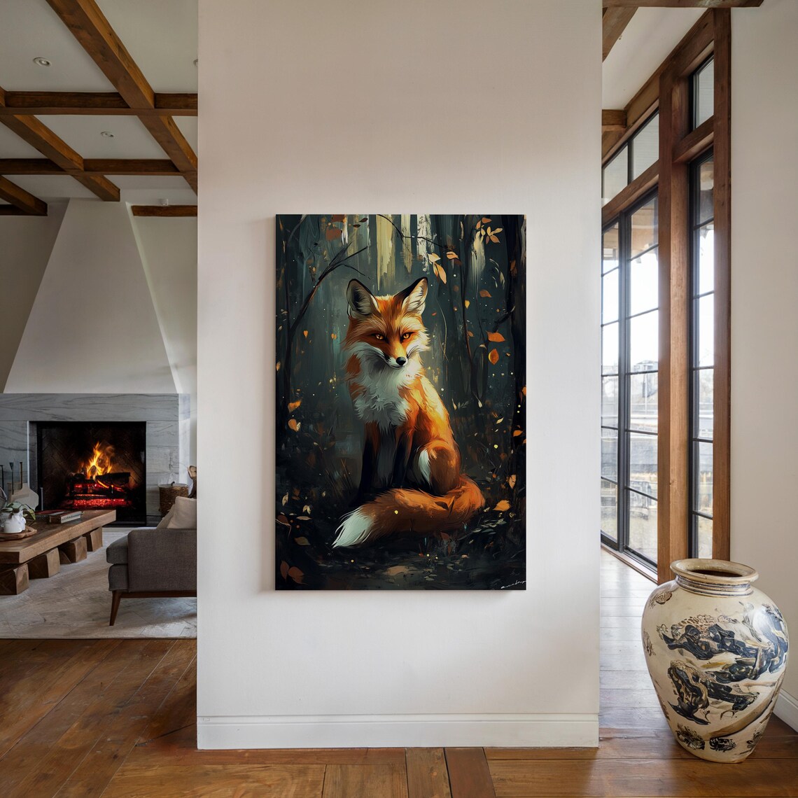 Red Fox Sitting in Dark Autumn Forest Golden Leaves Art Poster - Image 5