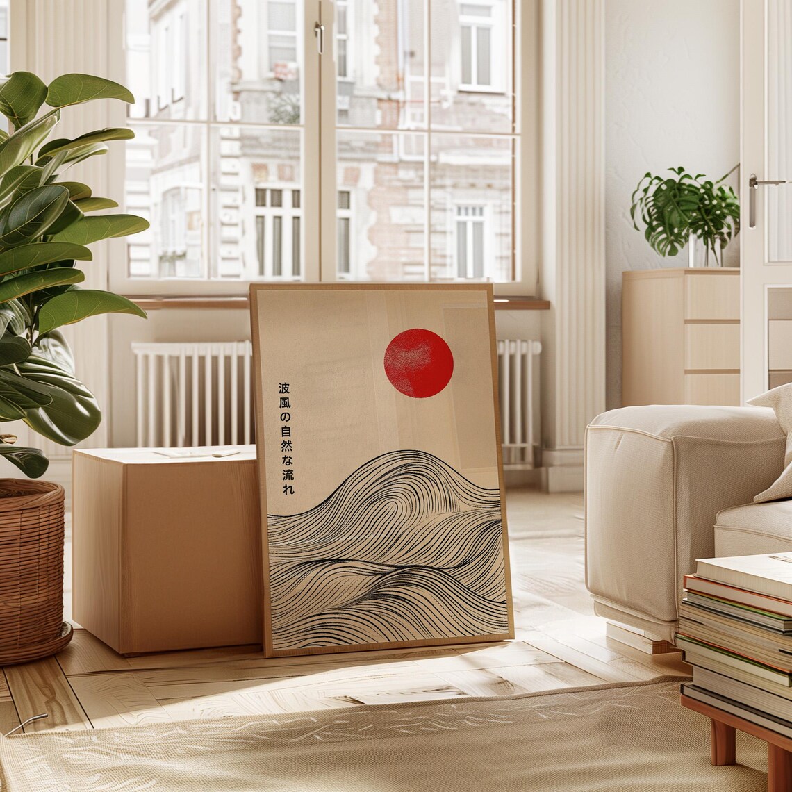 Red Sun Over Flowing Line Waves Japanese Minimalist Zen Poster - Image 4