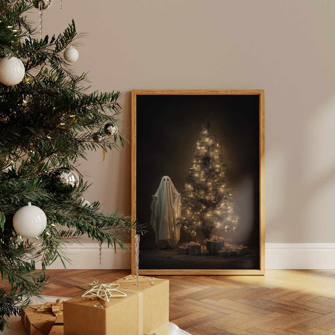 Ghost Beside A Lit Christmas Tree Dark Moody Haunted Holiday Art Poster
