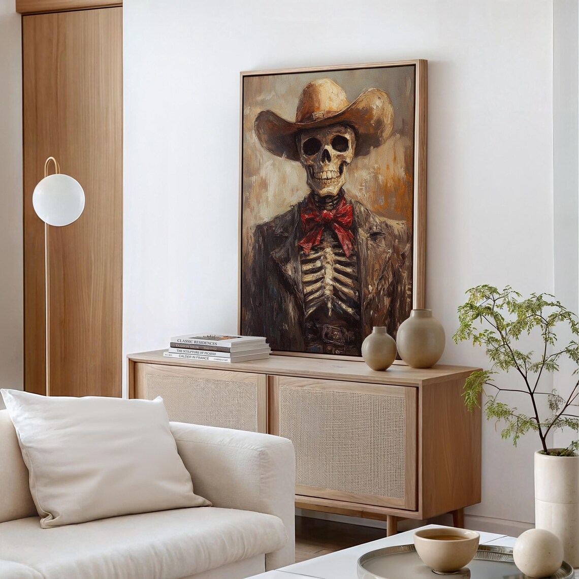 Western Cowboy Skeleton in Hat and Red Bow Tie Oil Painting Poster - Image 2