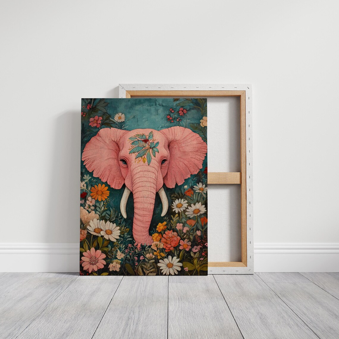 Pink Elephant In Wildflower Garden Whimsical Floral Art Poster - Image 3