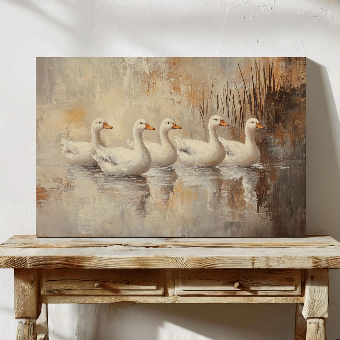 Five White Ducks Swimming On Pond Rustic Waterfowl Oil Painting Poster