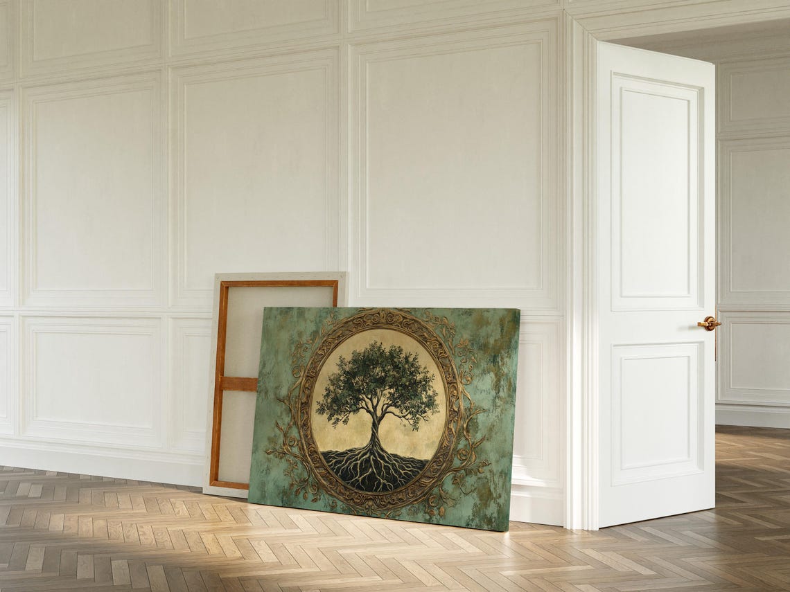 Tree Of Life In Ornate Golden Frame On Teal Textured Art Poster - Image 5