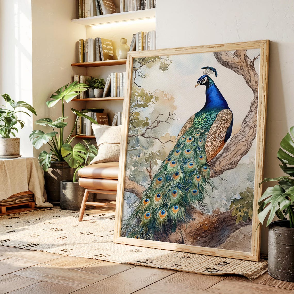 Watercolor Peacock With Long Trailing Tail On Tree Branch Poster