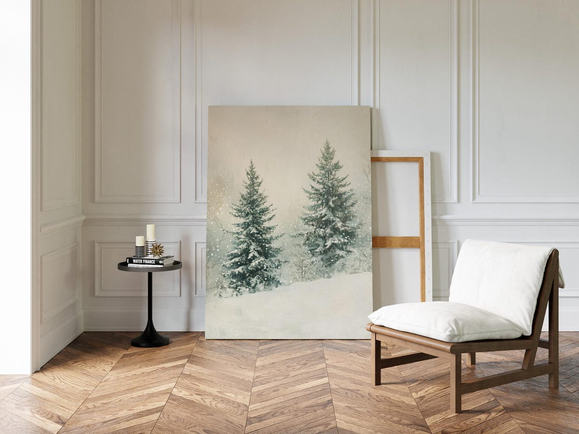 Snowy Evergreen Forest Two Pine Trees Pale Winter Woodland Poster - Image 3