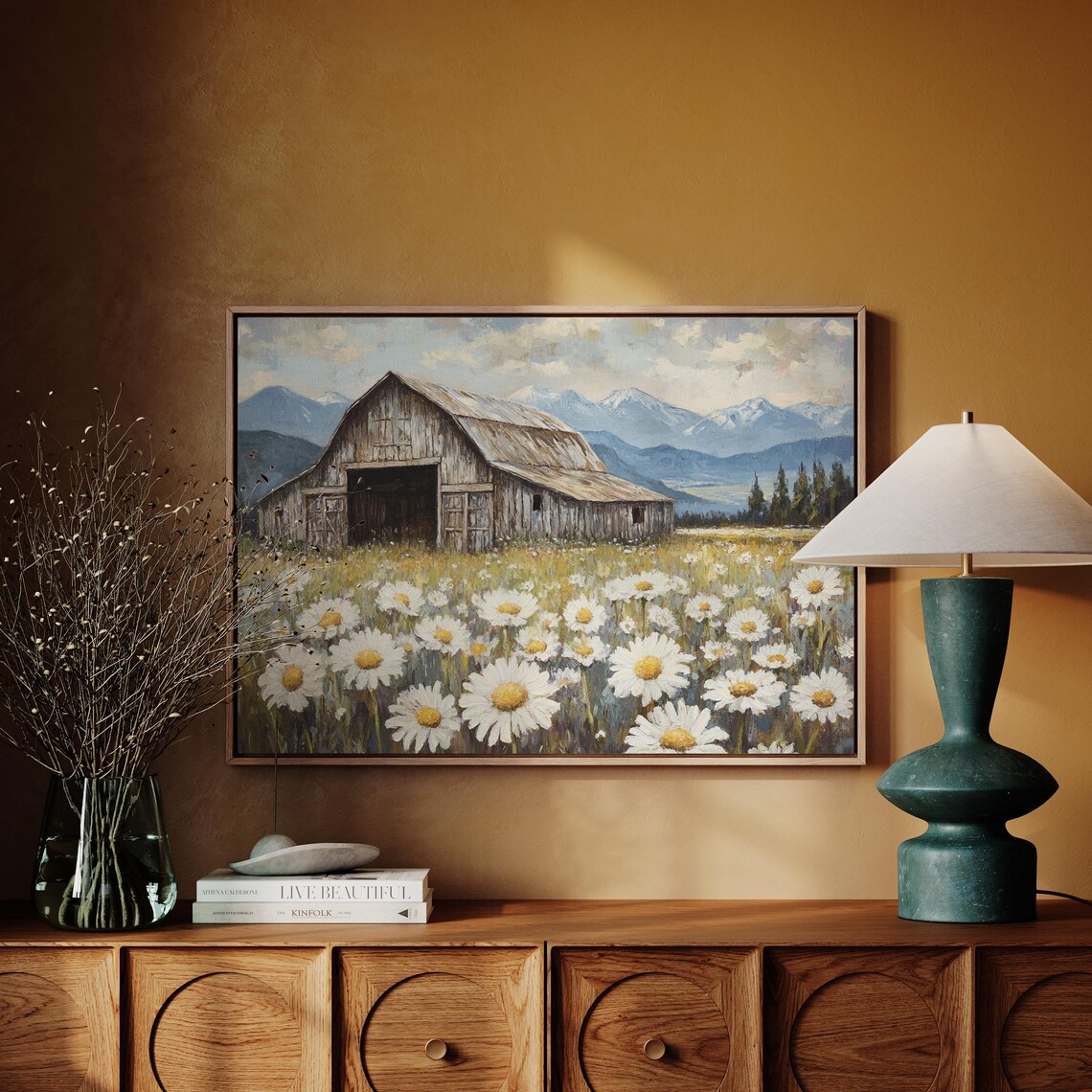 Rustic Barn With Daisies, Farmhouse Landscape Art Print - Image 4