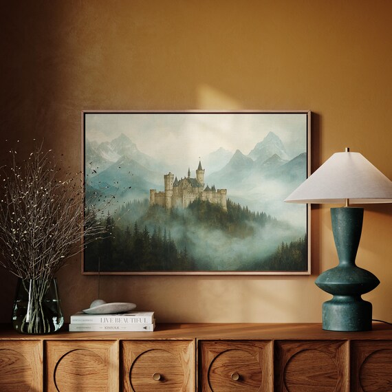 Medieval Castle on a Misty Hilltop with Alpine Peaks Fantasy Poster