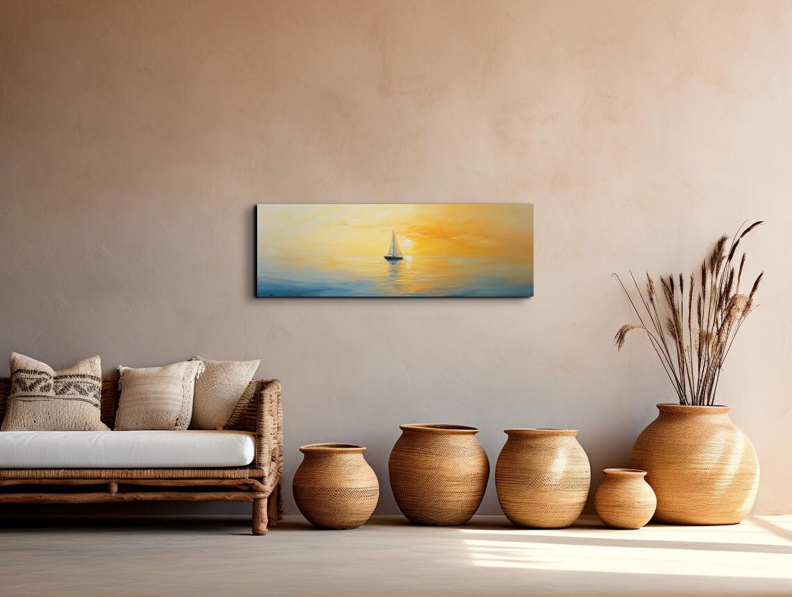 Sailboat Sailing Into Golden Sunset Ocean Painting Waves Poster - Image 7
