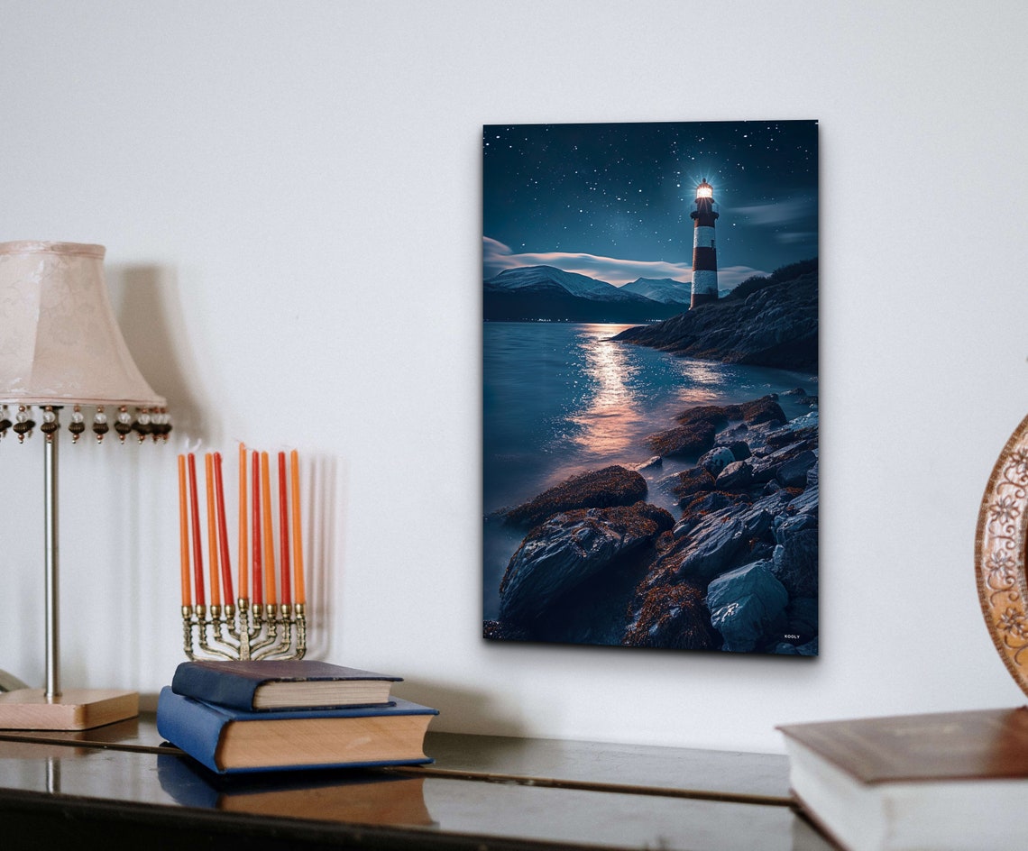 Lighthouse At Night Starry Sky Rocky Coast Ocean Beacon Wall Art - Image 4
