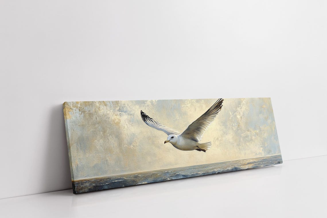 Seagull In Flight Over Ocean Coastal Bird Painting Tranquil Print - Image 3