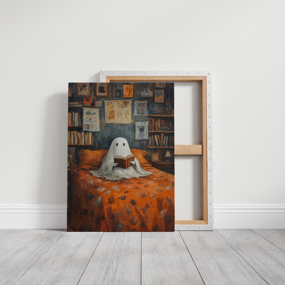 Whimsical Ghost Reading on Cozy Bed, Halloween - Image 3
