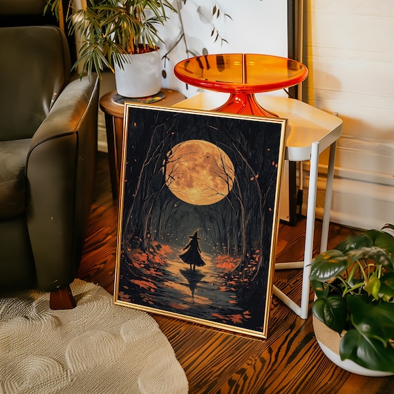 Halloween Witch on Dark Forest Path Under Orange Full Moon Poster