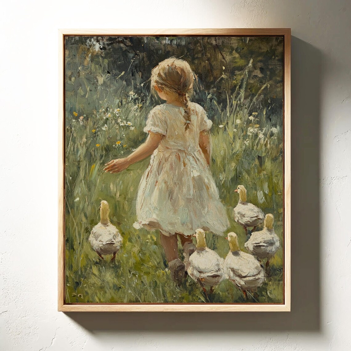 Young Girl With Ducks In Meadow, Vintage Art Print - Image 4