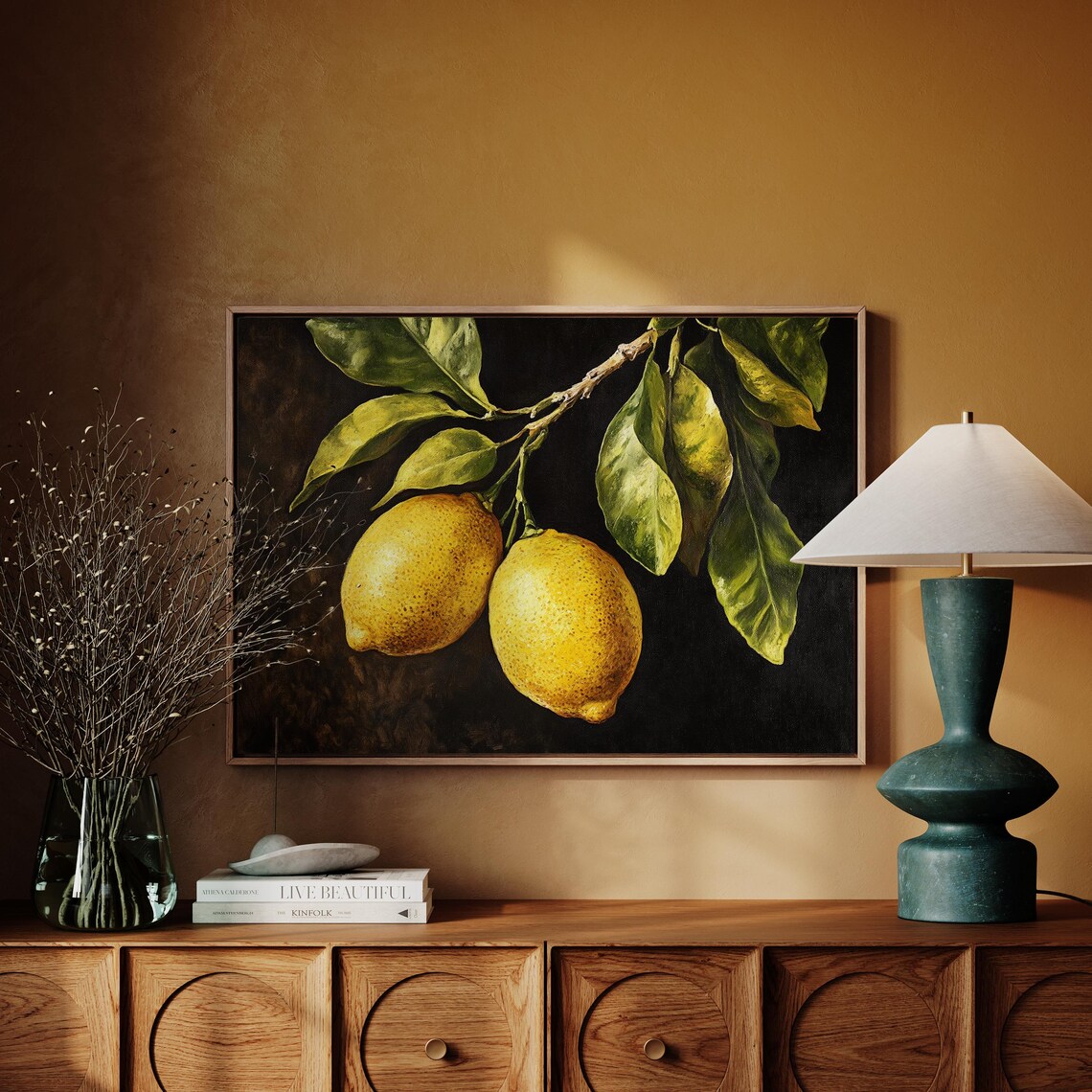 Pair of Ripe Lemons Hanging from Leafy Branch Dark Oil Poster - Image 4