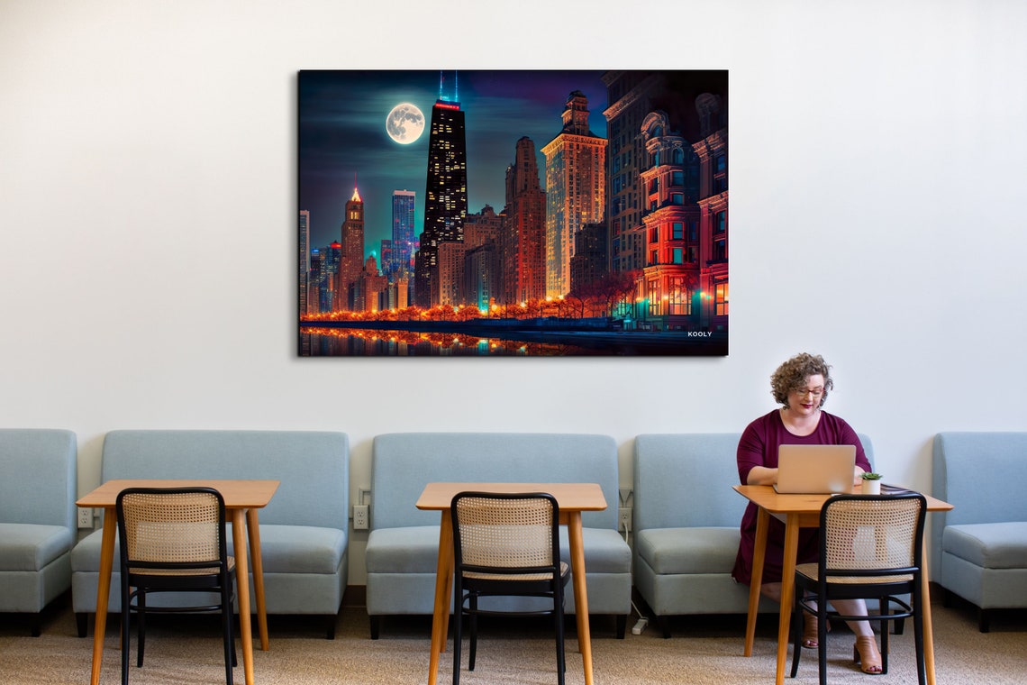 Chicago Downtown Skyline Full Moon Night Lights Cityscape Poster - Image 7