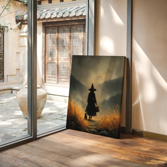 Witch Walking Golden Wheat Field at Dawn with Black Cat Poster