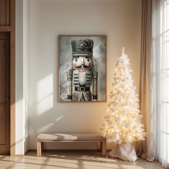 Snowy White Nutcracker Soldier In Falling Snow Christmas Wall Art