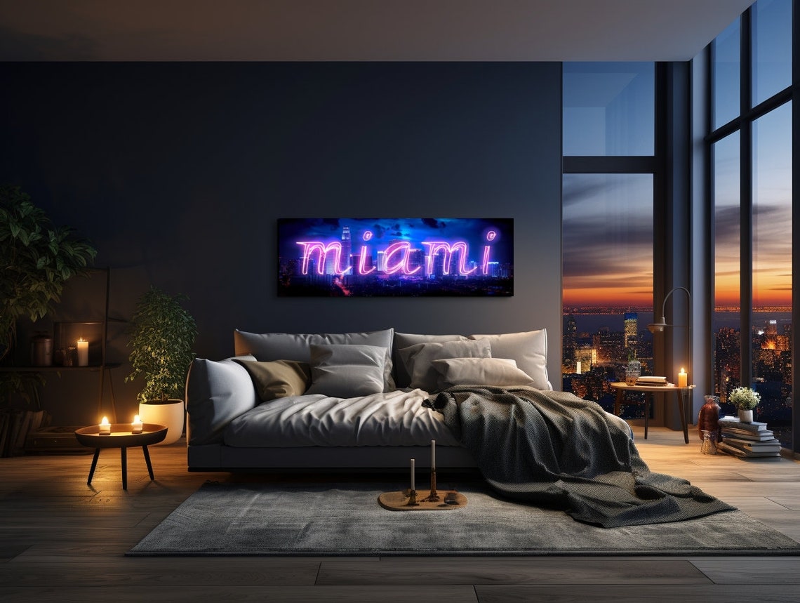 Miami Neon Script Sign Night Skyline Panoramic Urban Glow Poster - Image 6