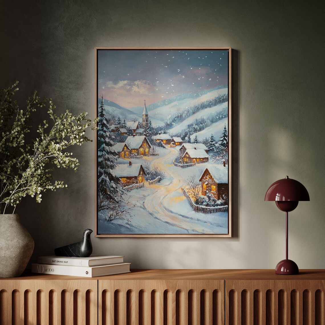 Snowy Village at Dusk With Church Glowing Windows Winter Night Poster - Image 6