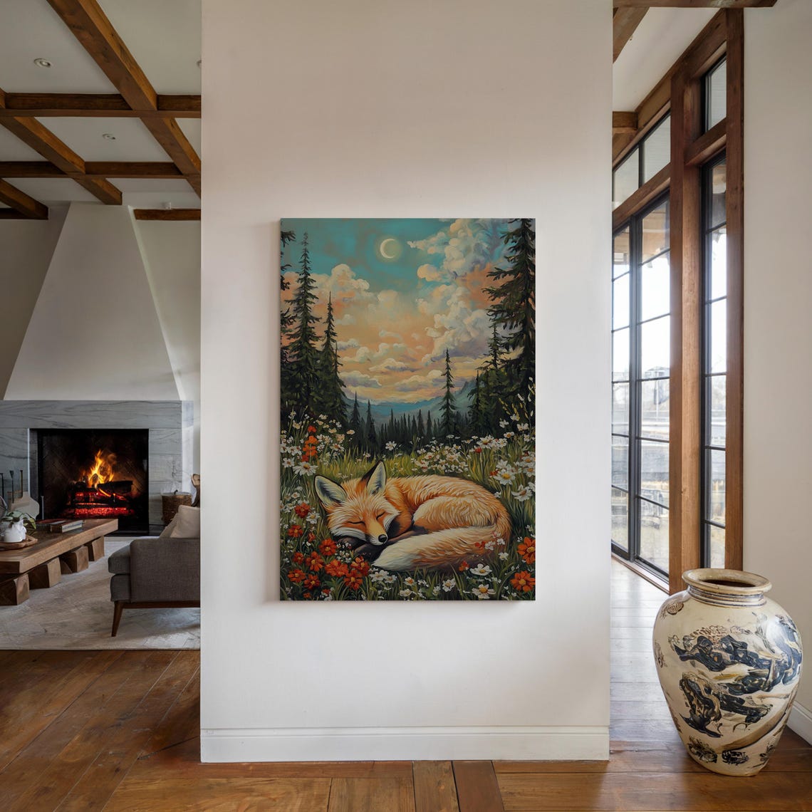 Sleeping Fox In Wildflower Meadow Pine Forest Moonlight Poster - Image 4