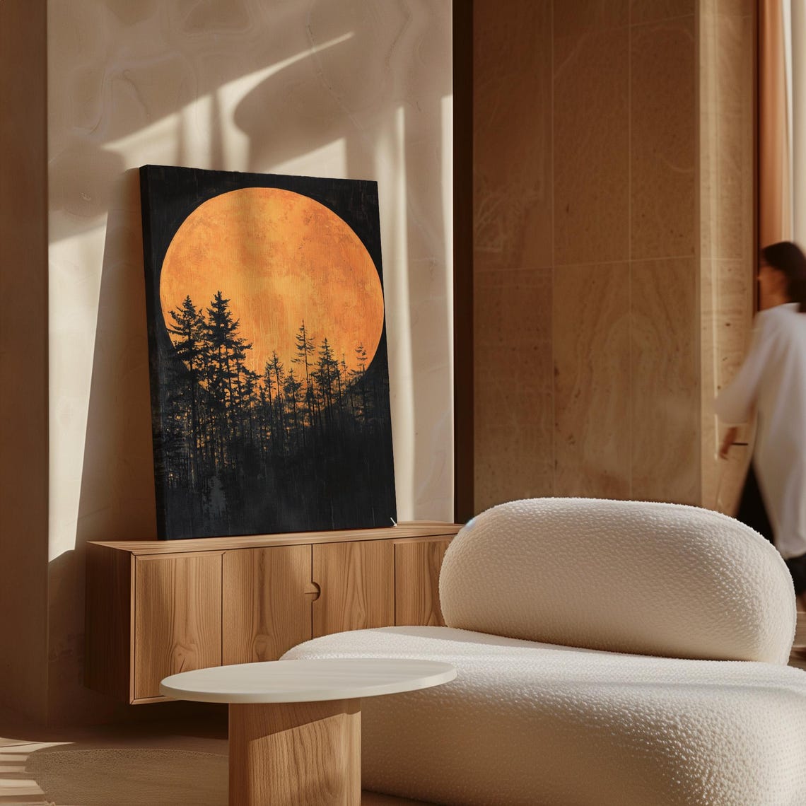 Orange Full Moon Art Mystical Forest Night Scene With Silhouetted Trees Celestial Wall Decor For Serene Ambiance - Image 7