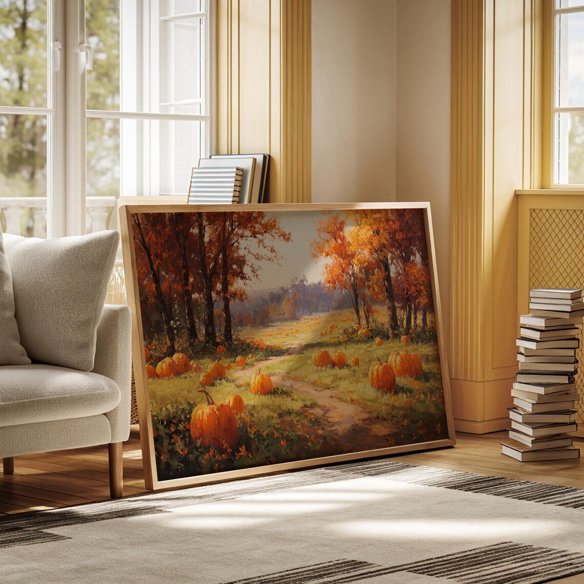 Autumn Pumpkin Patch Landscape Art Print, Rustic