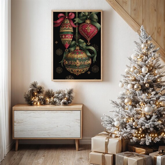 Ornate Vintage Christmas Ornaments Gold Accents Black Poster