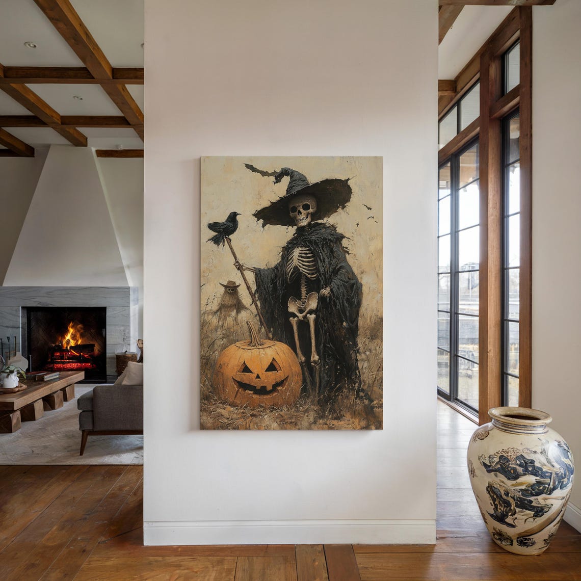 Skeleton Witch Crow Pumpkin Rustic Halloween Oil Painting Poster - Image 4