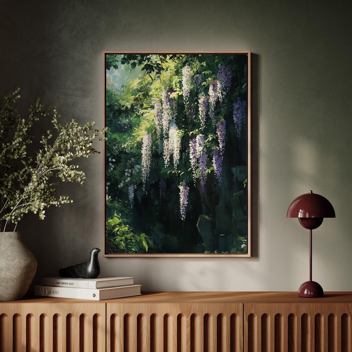 Sunlit Wisteria Garden Hanging Purple Blossoms Lush Green Art Poster