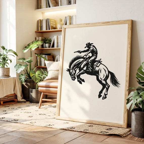 Western Cowboy Art Print Vintage Black And White Horseback Gunfighter Poster Rustic Wall For Ranch Or Cabin Decor