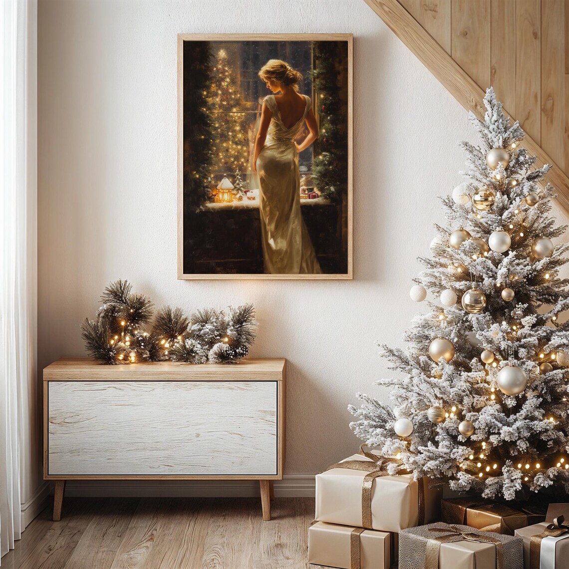Elegant Woman at Christmas Window Scene, Art Print