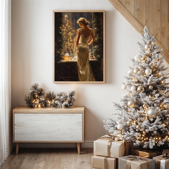 Elegant Woman at Christmas Window Scene, Art Print