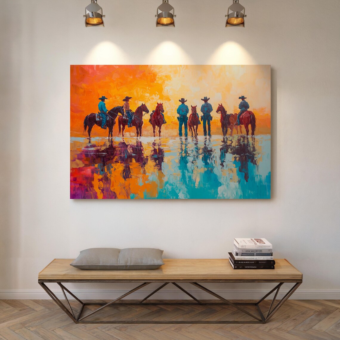 Wide Sunset Scene Of Cowboys And Horses Mirrored In Water Poster - Image 5