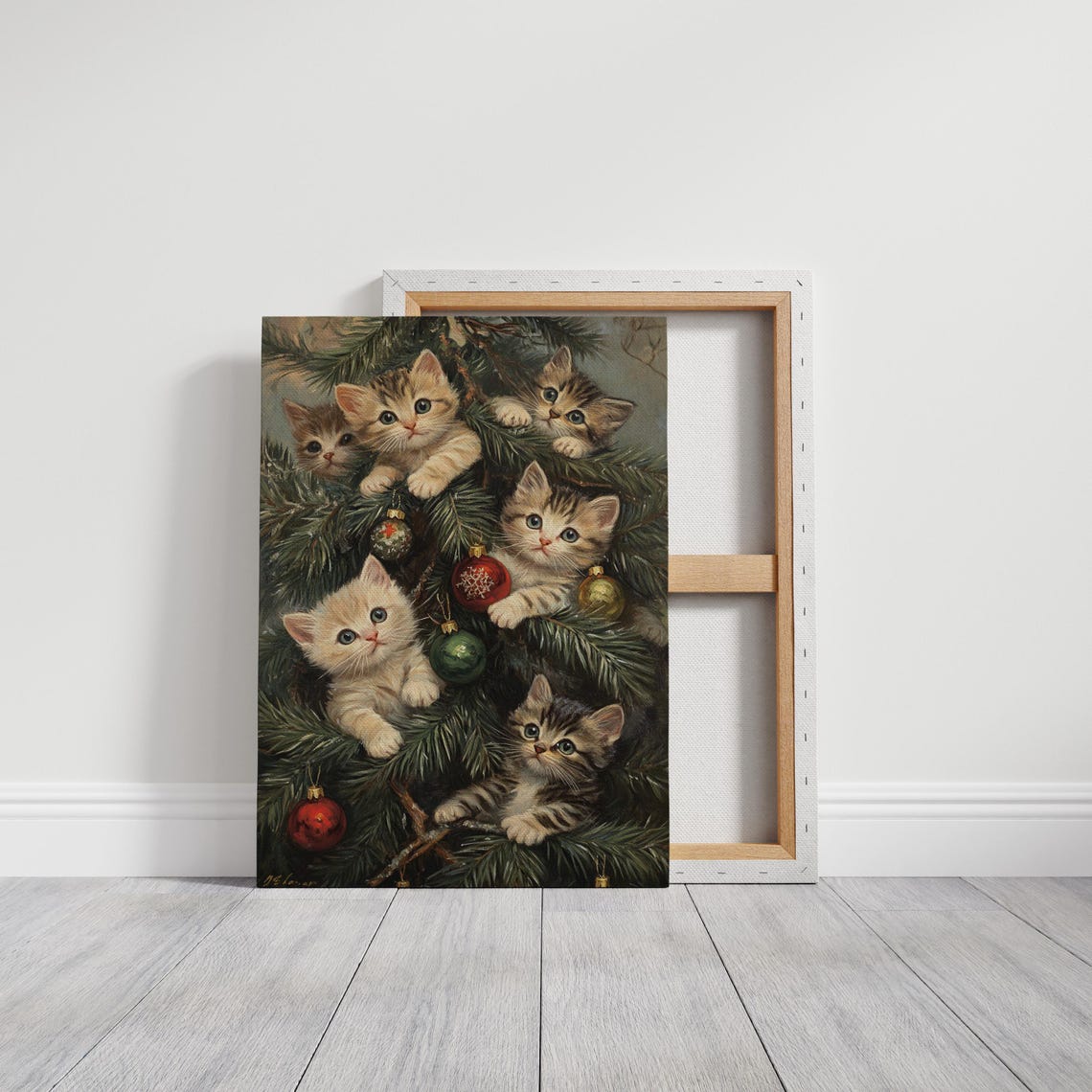 Adorable Kittens Hiding Christmas Tree Branches Festive Poster - Image 3