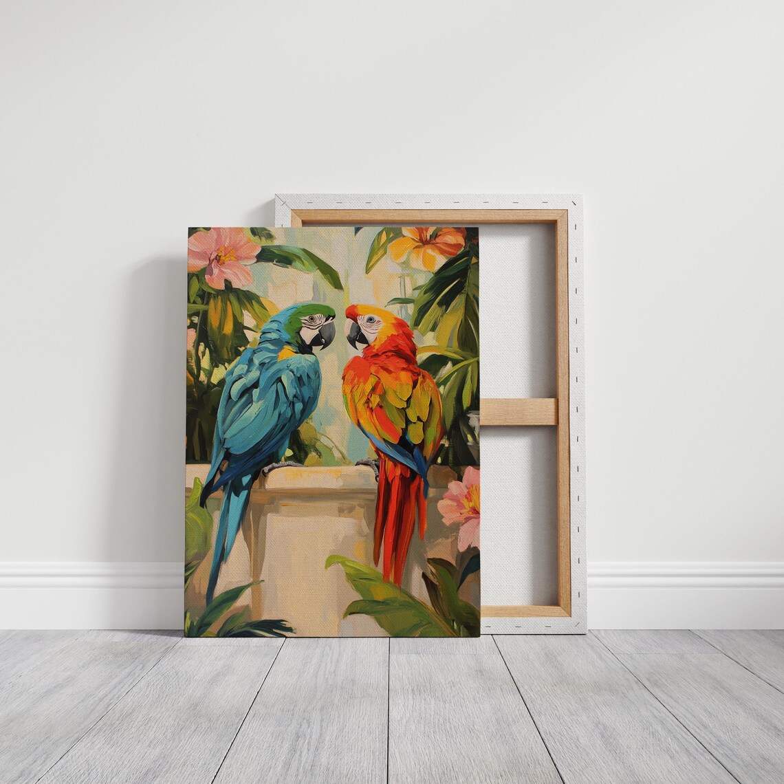 Colorful Blue and Scarlet Macaw Pair in Tropical Foliage Poster - Image 3