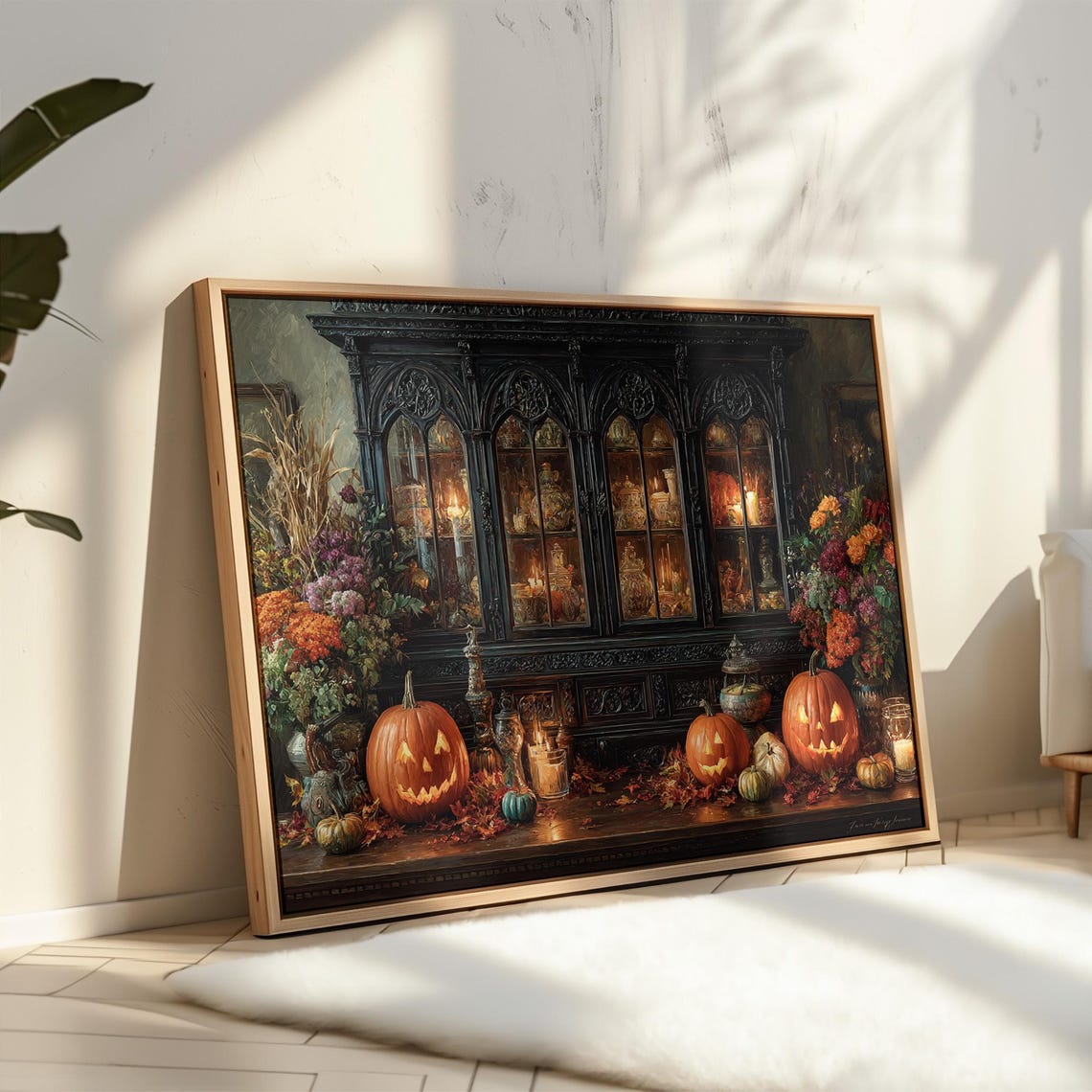 Gothic Cabinet With Lit Pumpkins Elegant Halloween Scene Poster