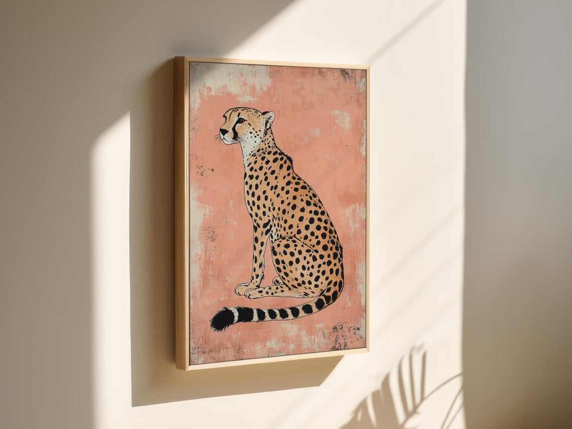 Sitting Cheetah Vintage Safari Illustration Dusty Rose Poster - Image 4