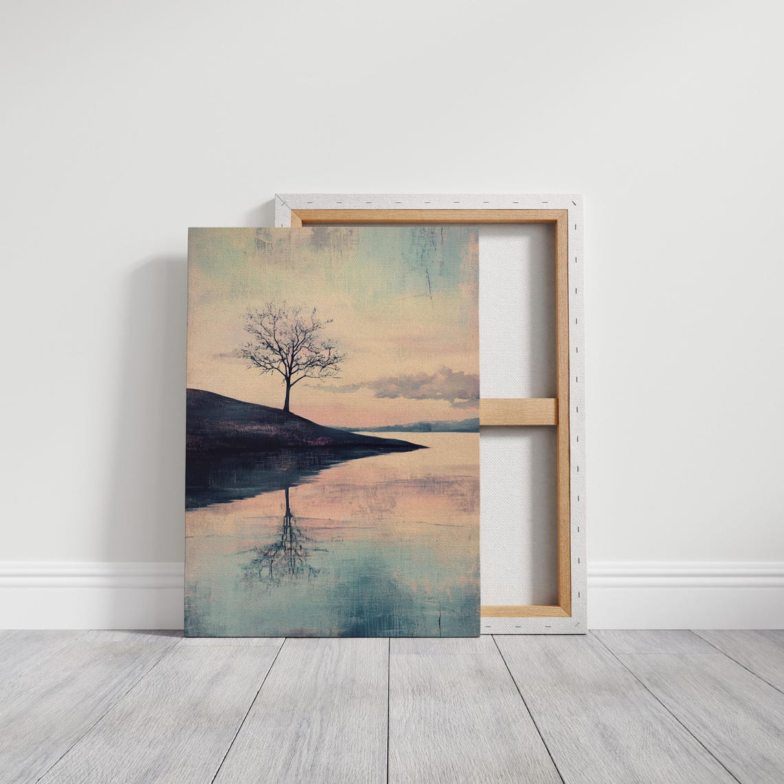 Lone Tree Lake Reflection Pastel Pink Sunset Serene Wall Poster - Image 2