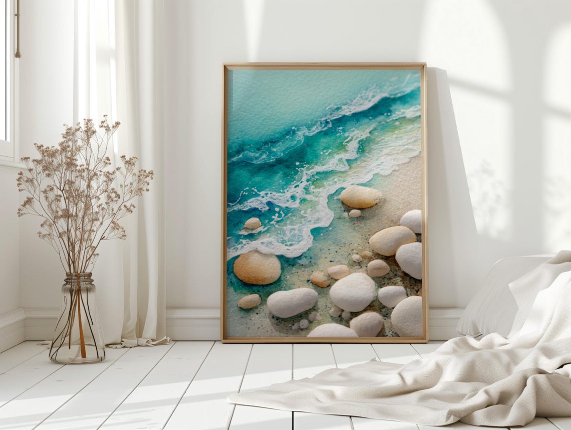 Turquoise Waves White Pebbles Beach Watercolor Coastal Art Print